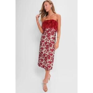 Hyacinth House Tuckernuck Red Jacquard Maribou Feathered Reina Maxi Dress XS